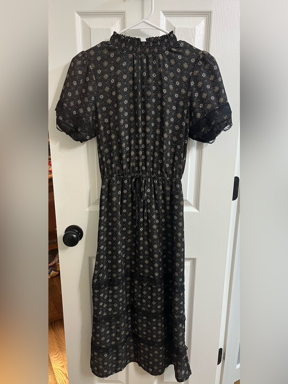 Black Floral Midi Dress with Smocked Neck and Puff Sleeves